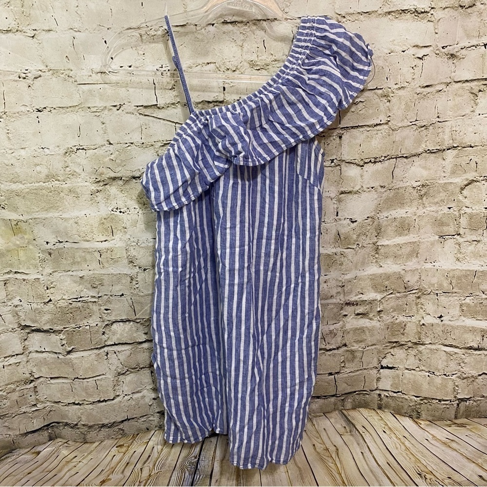 Beachlunchlounge Blue White Striped Linen Blend‎ Ruffle One Shoulder Dress